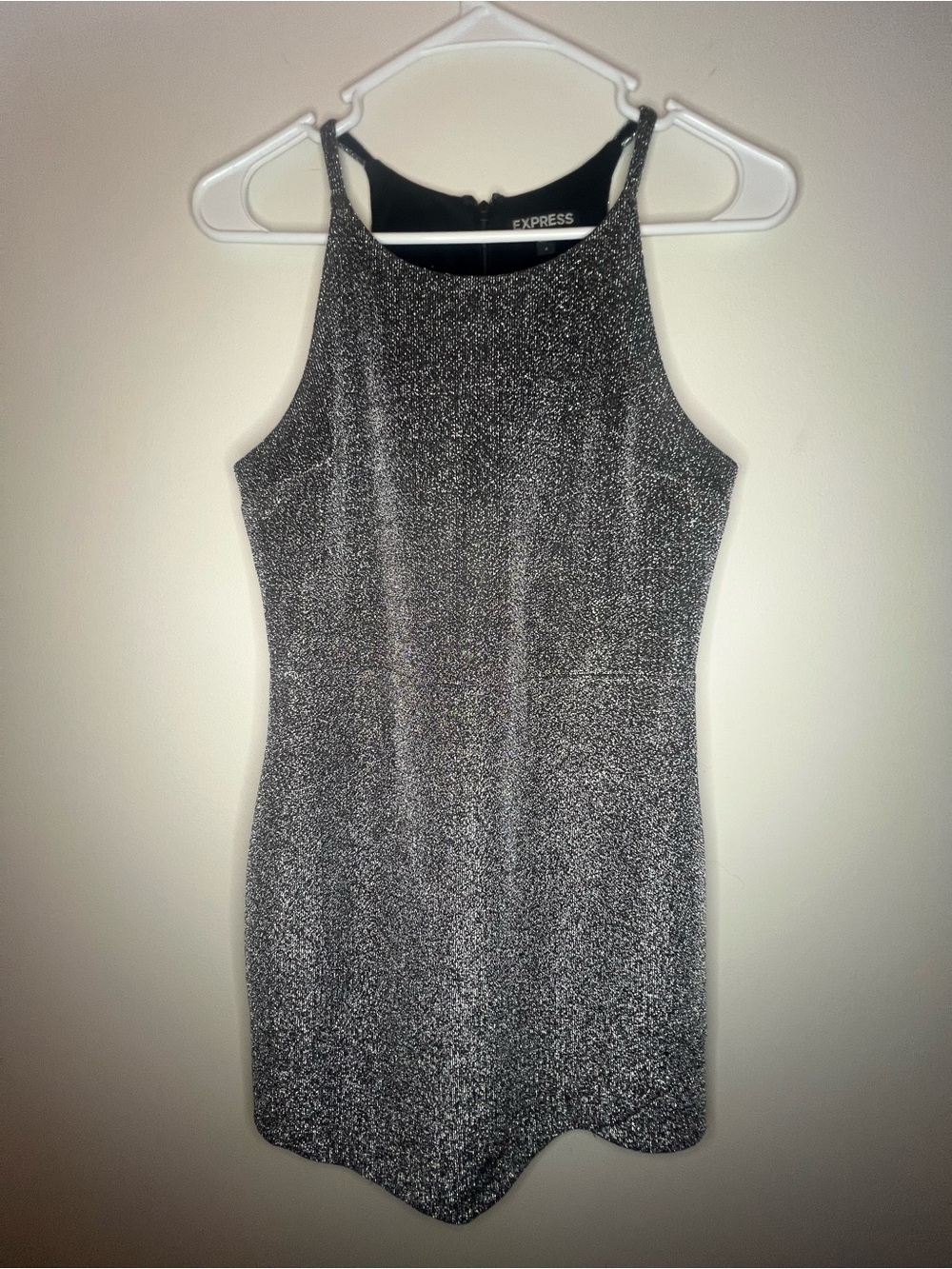 Express Metallic Silver High-Neck with A Lot of Sparkle Mini Dress